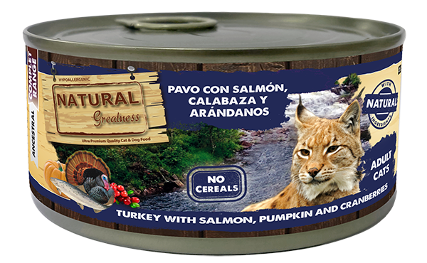 Natural Greatness Pavo con Salmon, Calabaza y Arándanos para Gatos 185g