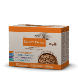 Nature's Variety Bocaditos en salsa Pollo Salmon Pavo Atún 85gx12